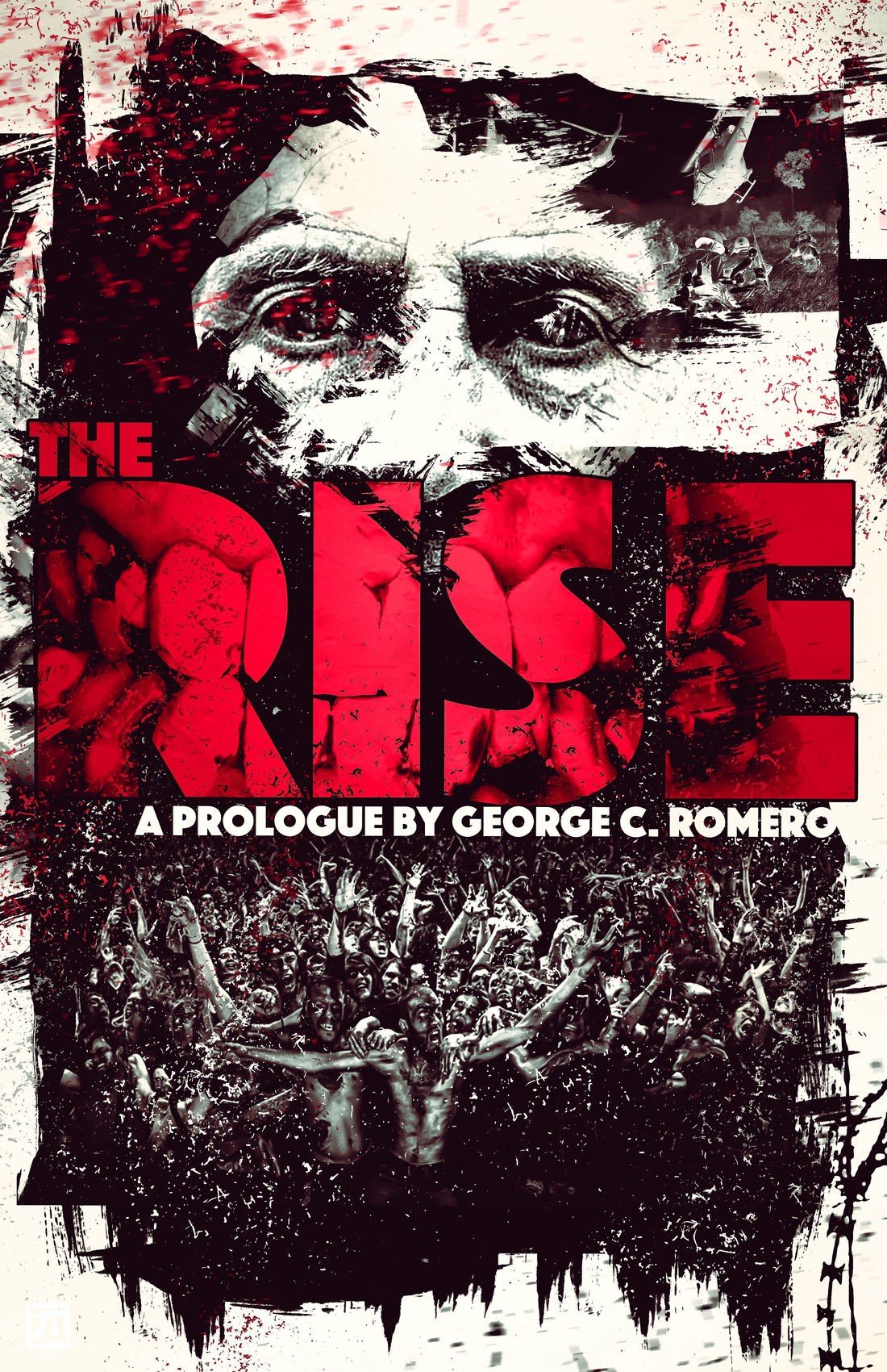 An image showing The Rise comic book front cover. It features a zombie face at the top and has THE RISE in bold red font 