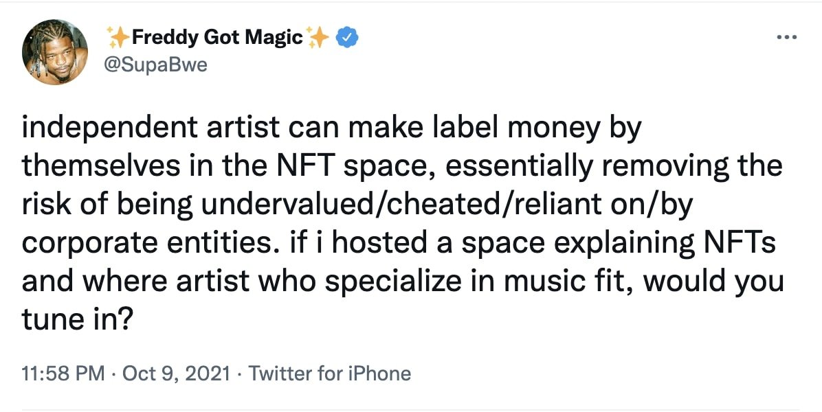 Tweet from Freddy Got MagicSparkles on music NFTs