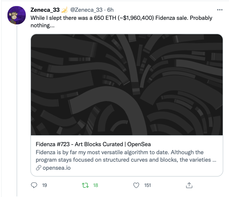 Screenshot from Twitter showing a piece of Fidenza sale for 650 ETH