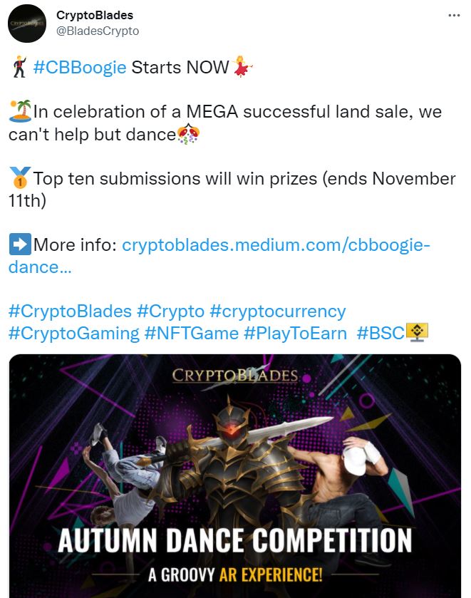 Screenshot of CryptoBlades' dance competition official announcement via Twitter