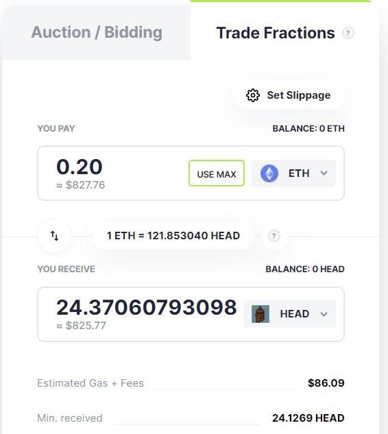 Screenshot of the Fractional.Art fractionalized NFT calculator