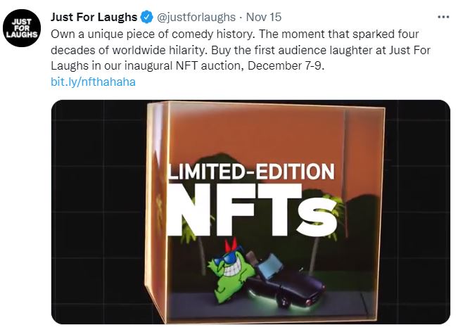 Screenshot of a Just for Laughs NFT announcement via Twitter