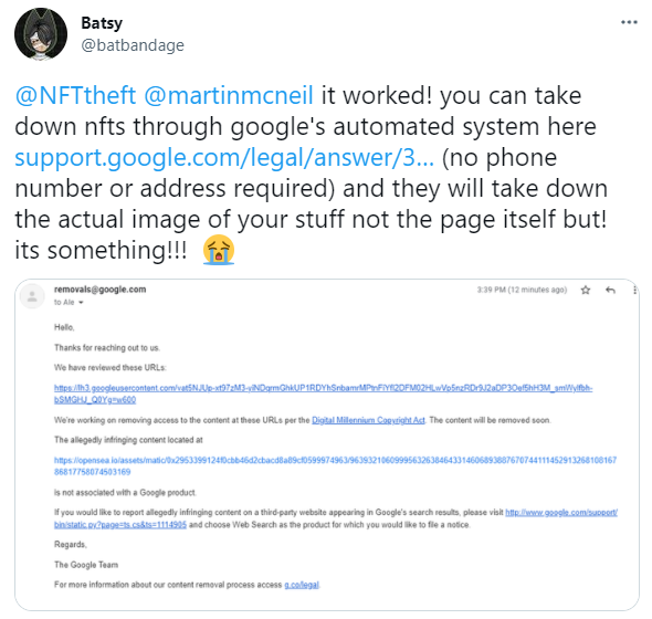 A Twitter user sharing how to use Google's 'report content' service to remove stolen NFTs