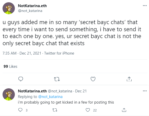 Tweet revealing that there are many secret BAYC chats out there