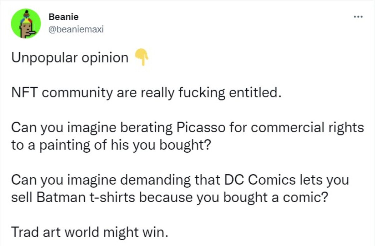 Tweet from most hated NFT influencer, Beanie