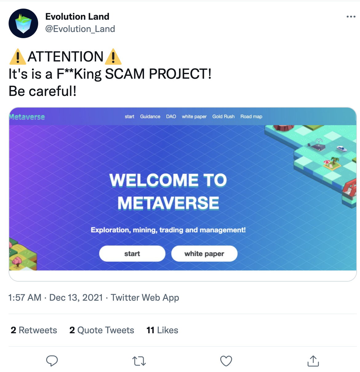Evolution_Land tweet that warns people about metaverse scam