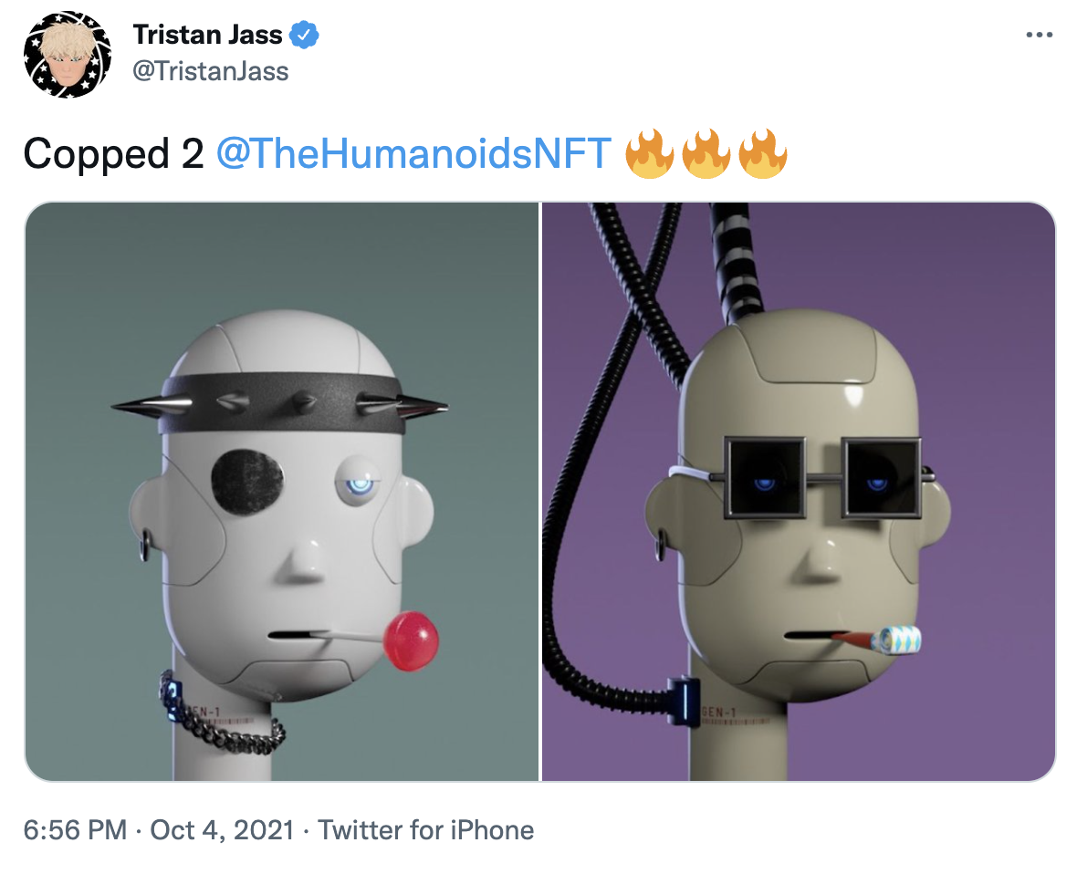 Tweet from Tristan Jass on the Humanoids NFT collection