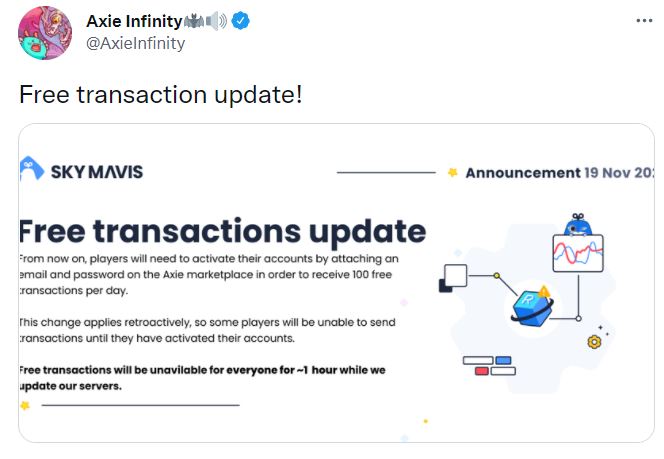 Screenshot of an Axie Infinity transactions announcement via Twitter