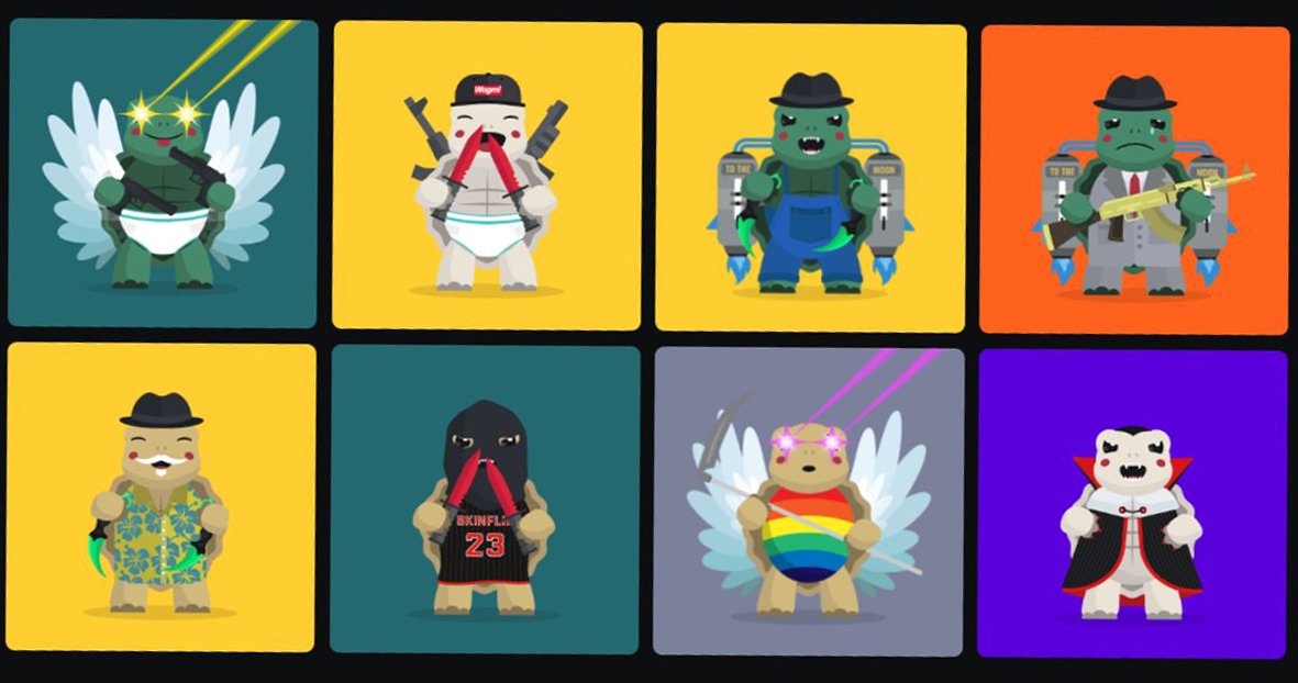 examples of Flippy the turtle NFTs on the SkinFlip marketplace