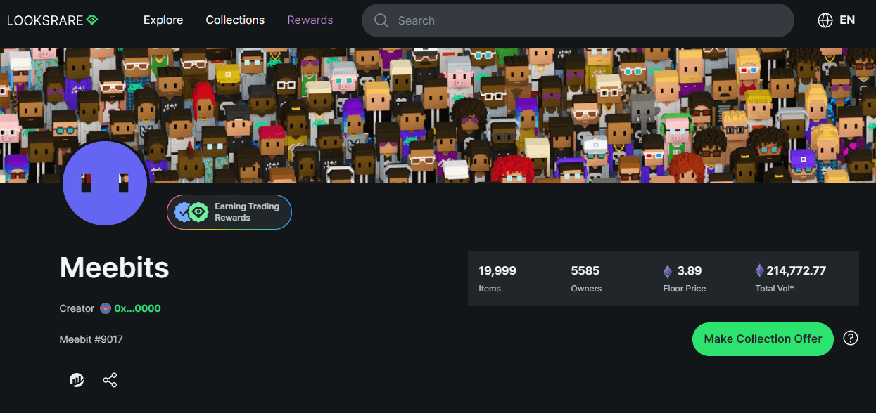 Meebits listing on LooksRare NFT marketplace