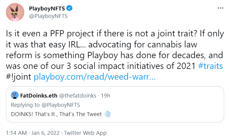 PlaybotNFTS tweet advocating for cannabis law reform