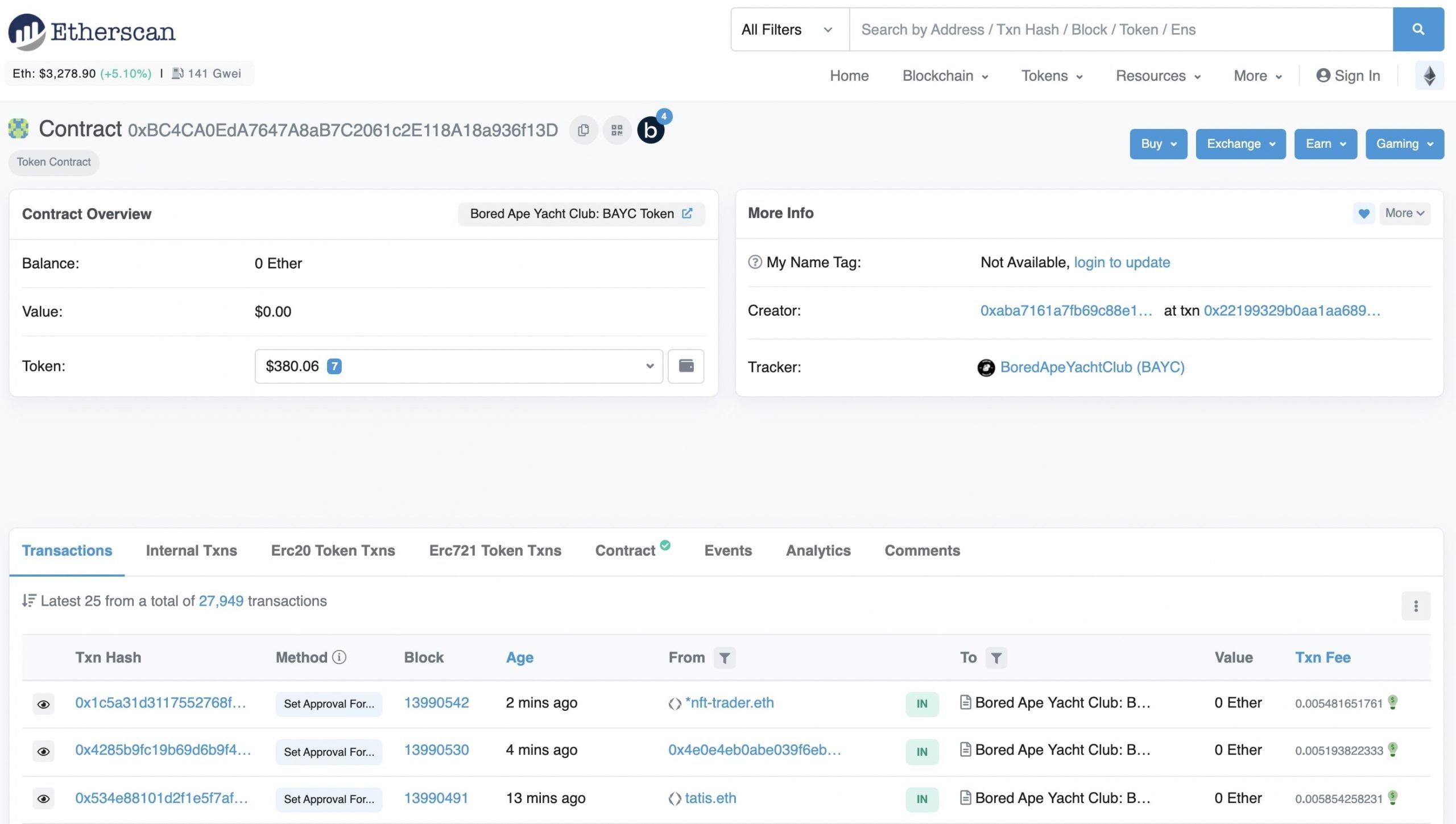 Etherscan website displaying details of NFT smart contract