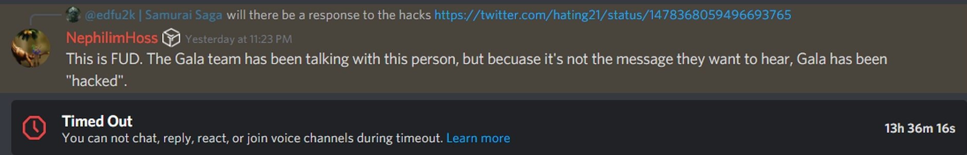 Gala Games Discord moderator response to hack