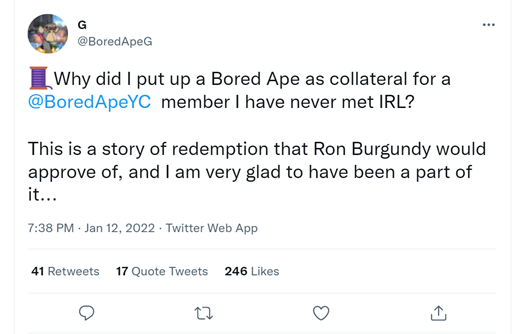 BoredApeG shared on Twitter that he saved a Bored Ape 