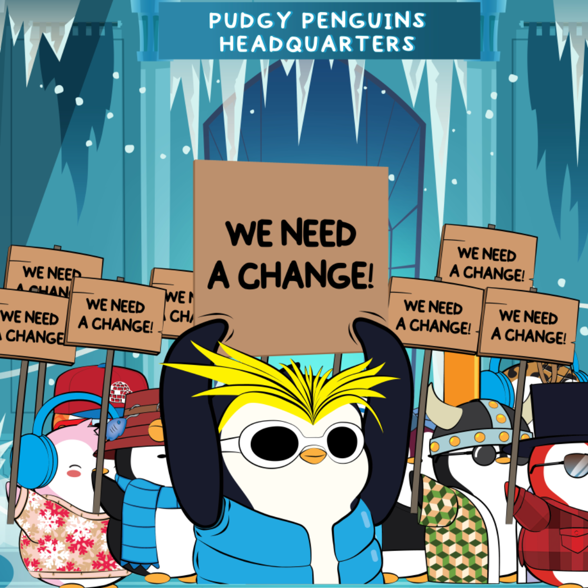 Graphic with multiple Pudgy Penguins NFTs holding signs that say "We Need A Change" referencing ColeThereum and the other founders