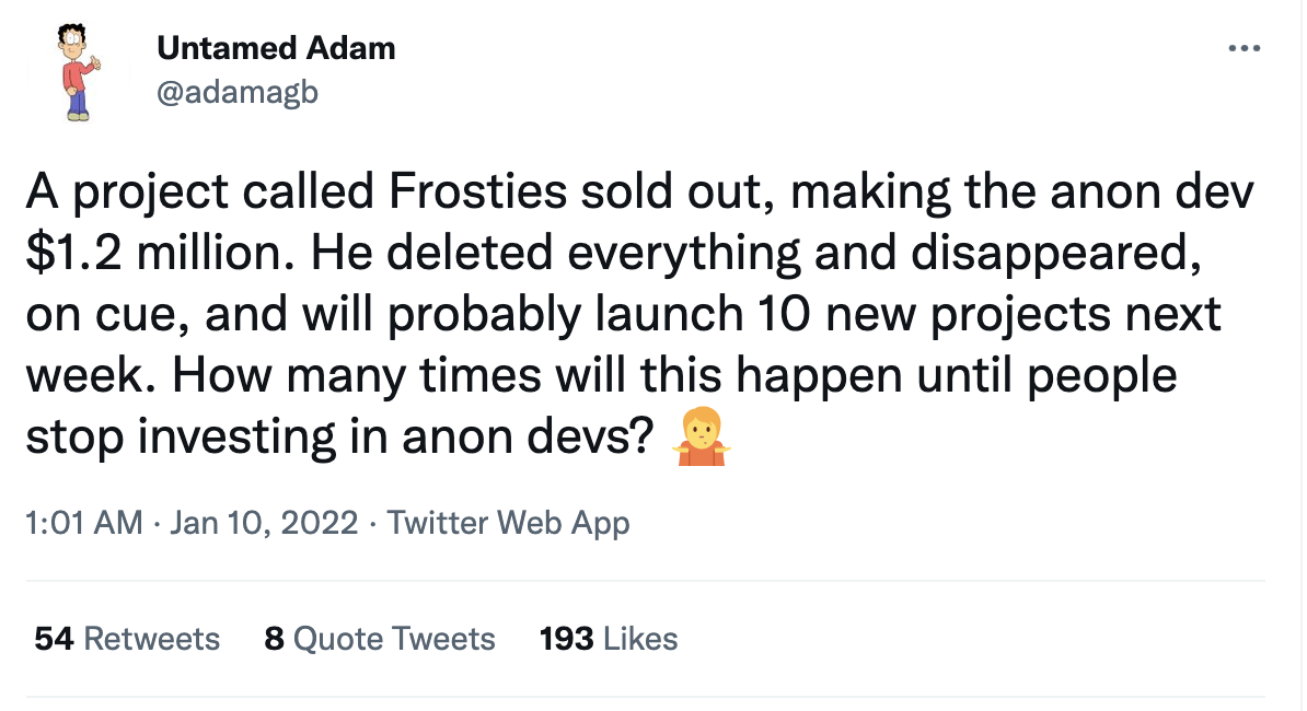 Screenshot of a tweet by Untamed Adam @adamagb who is asking fair questions about anonymous devs in the nft space