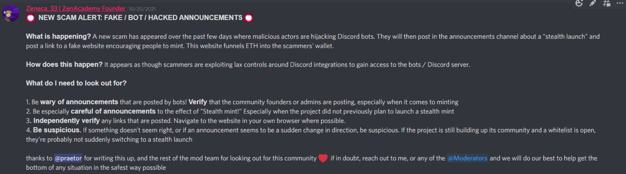 Zeneca Tweet sent out when Deadfellaz Discord got hacked