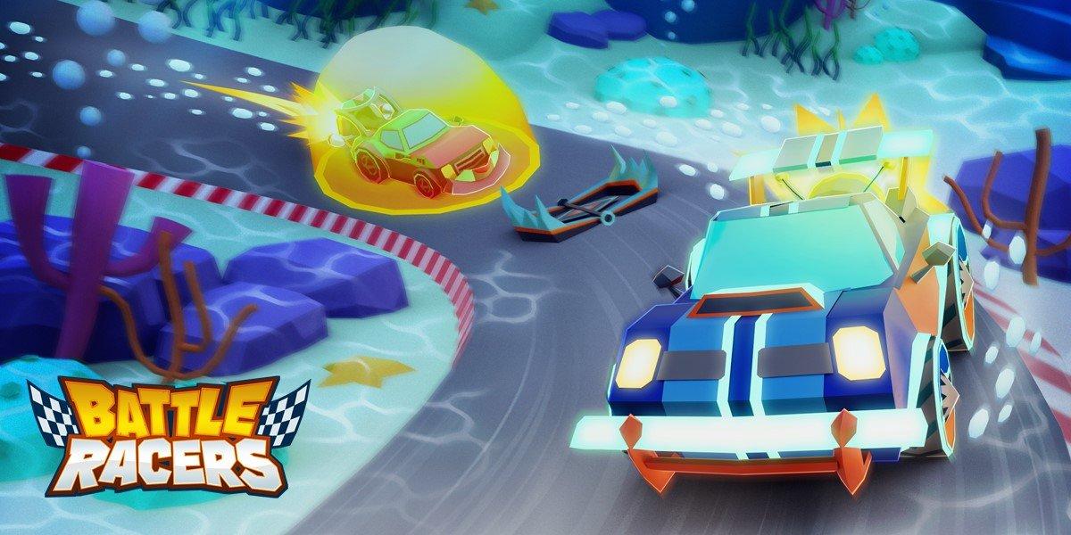 battle racers game, car racing on a track, blue