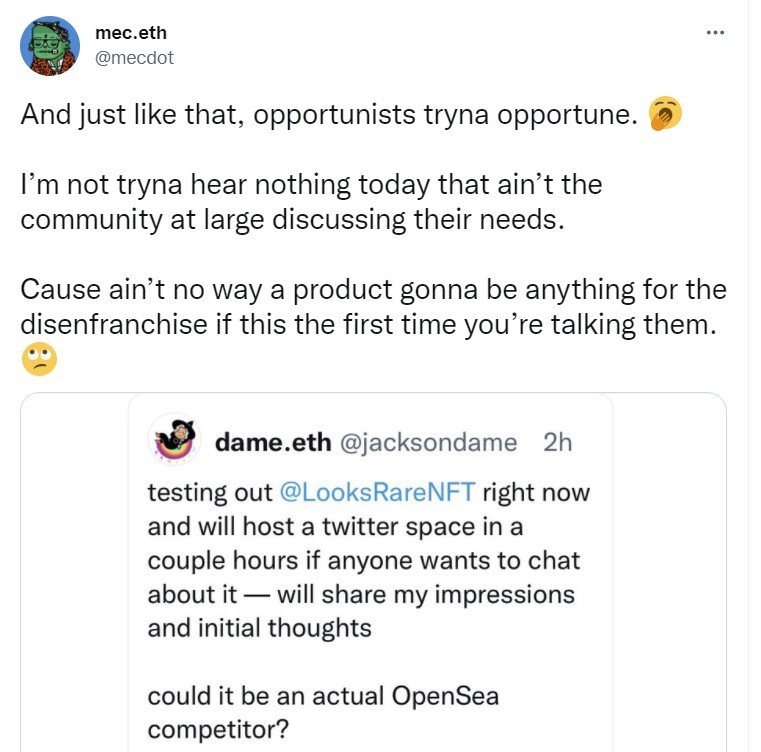 screenshot of mec.eth tweet about opensea competitor LooksRare