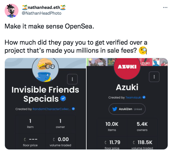 Nathan Head calls Out Verification Process of OpenSea