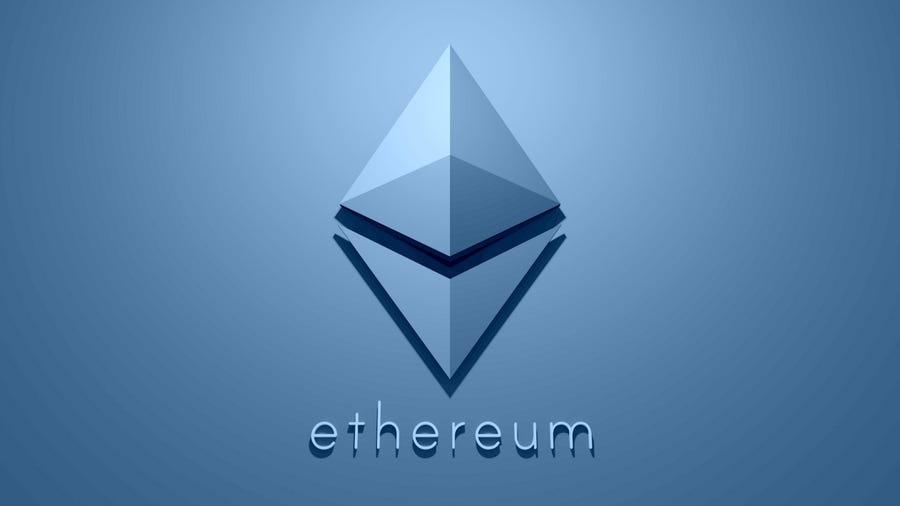 Image of Ethereum logo and word with bluie background ether 24th