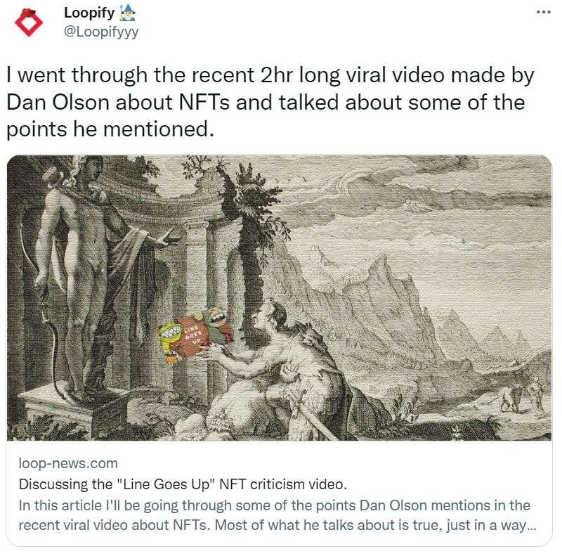 screenshot of a Loopify message on Dan Olson's NFT video via Twitter