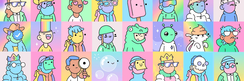 Picture of many avatars of Doodles NFT collection coinbase