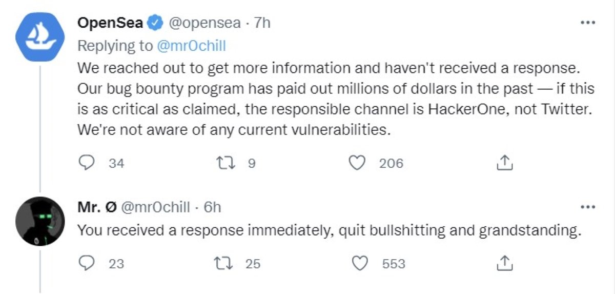 Twitter exchange between OpenSea and a bug finder about its Bug Bounty situation