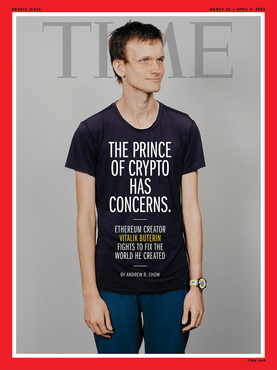 The picture depicts Time Magazine cover featuring Ethereum founder Vitalik Buterin 