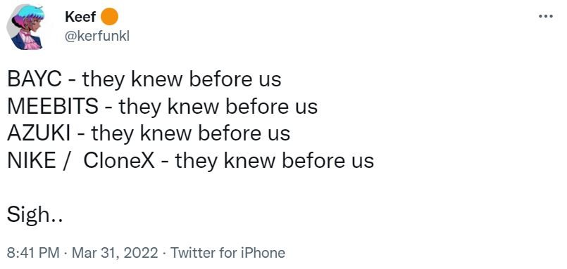 Twitter screenshot of a Keef message on the NFT insider trader theory