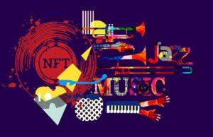 Music NFTs text with animated abstract instruments