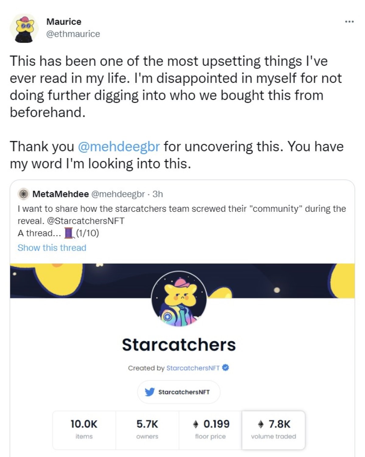 First Tweet in a thread from Starcatcher NFT's co-founder Maurice