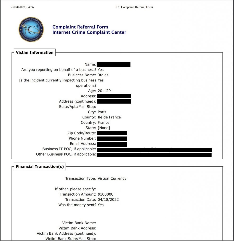 image of a FBI report filed by the 9Tales team about the hacker