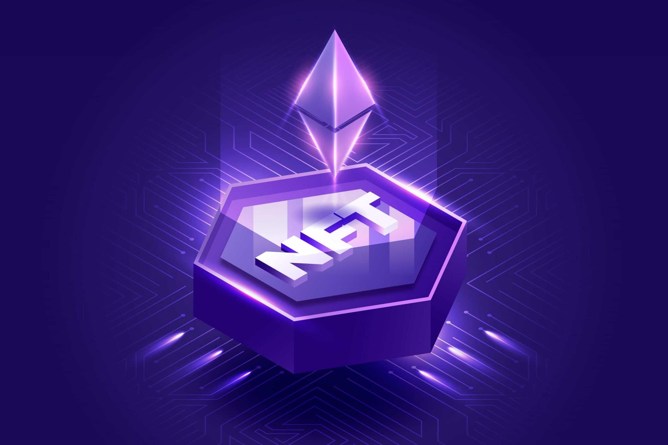 A purple Eth token on a slab with NFT written on it