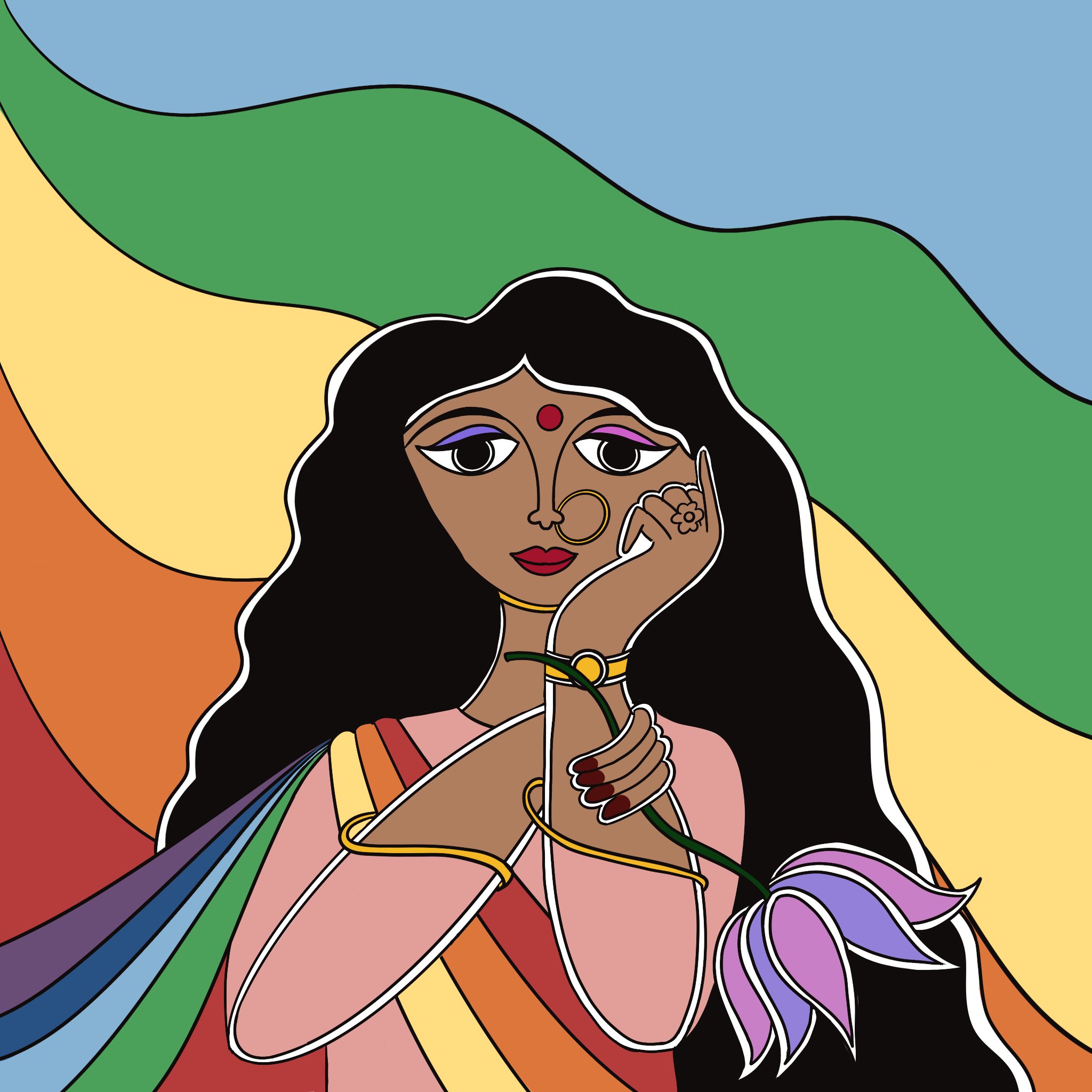 An Asian women's drawing featuring the pride rainbow flag