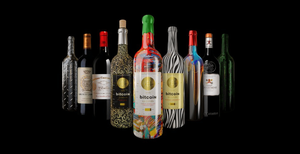 The picture shows wine bottles from Wine Bottle Club NFTs launched on Exclusible NFT marketplace