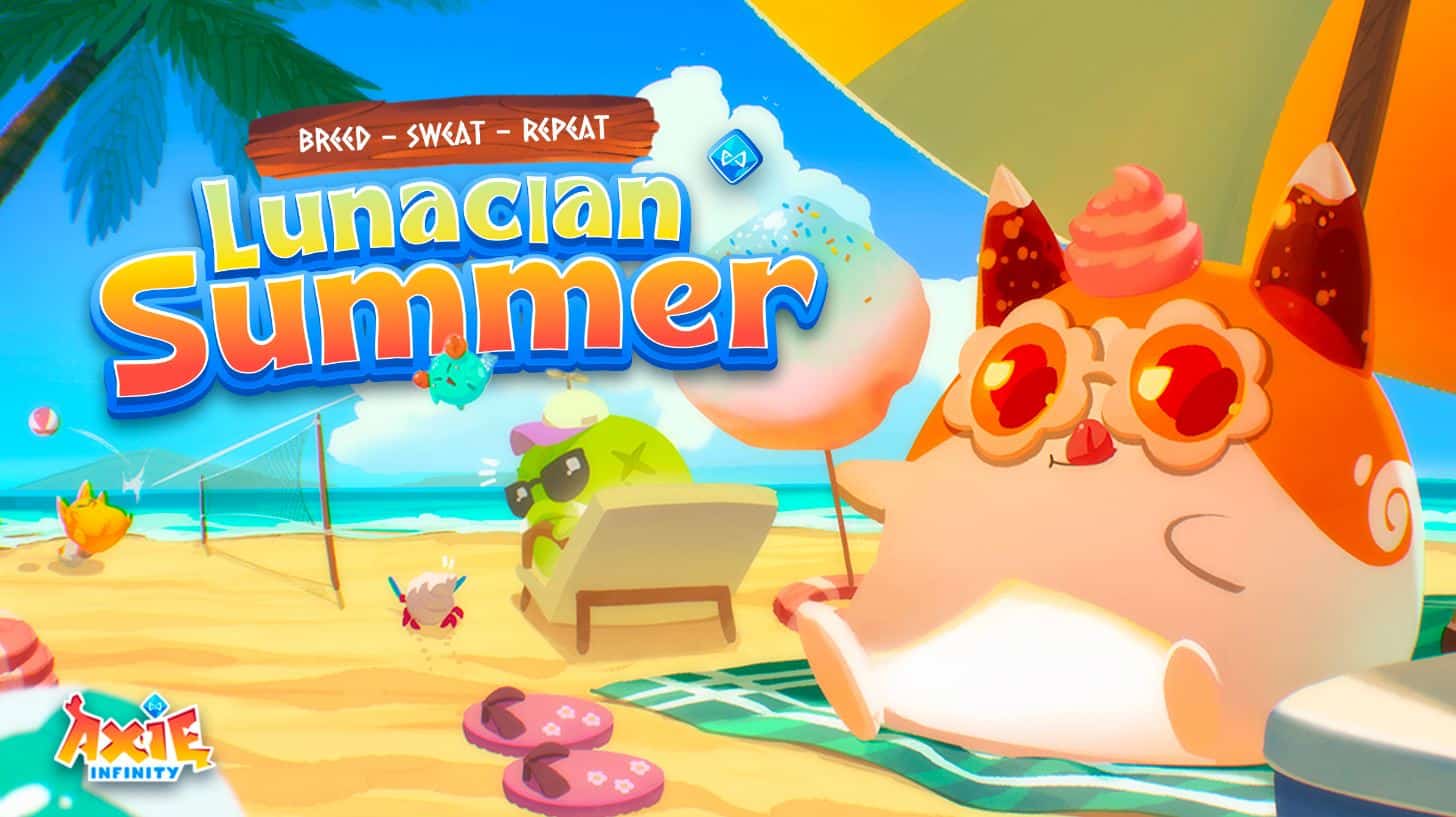 digital poster of the Axie Infinity Lunacian Summer event featuring Axie characters on a beach