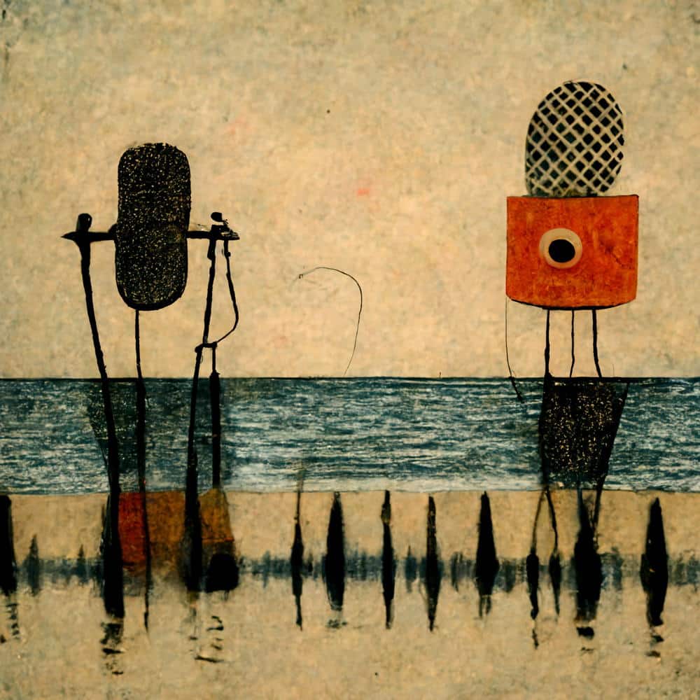 artwork in neutral colours and shapes showing audio waves