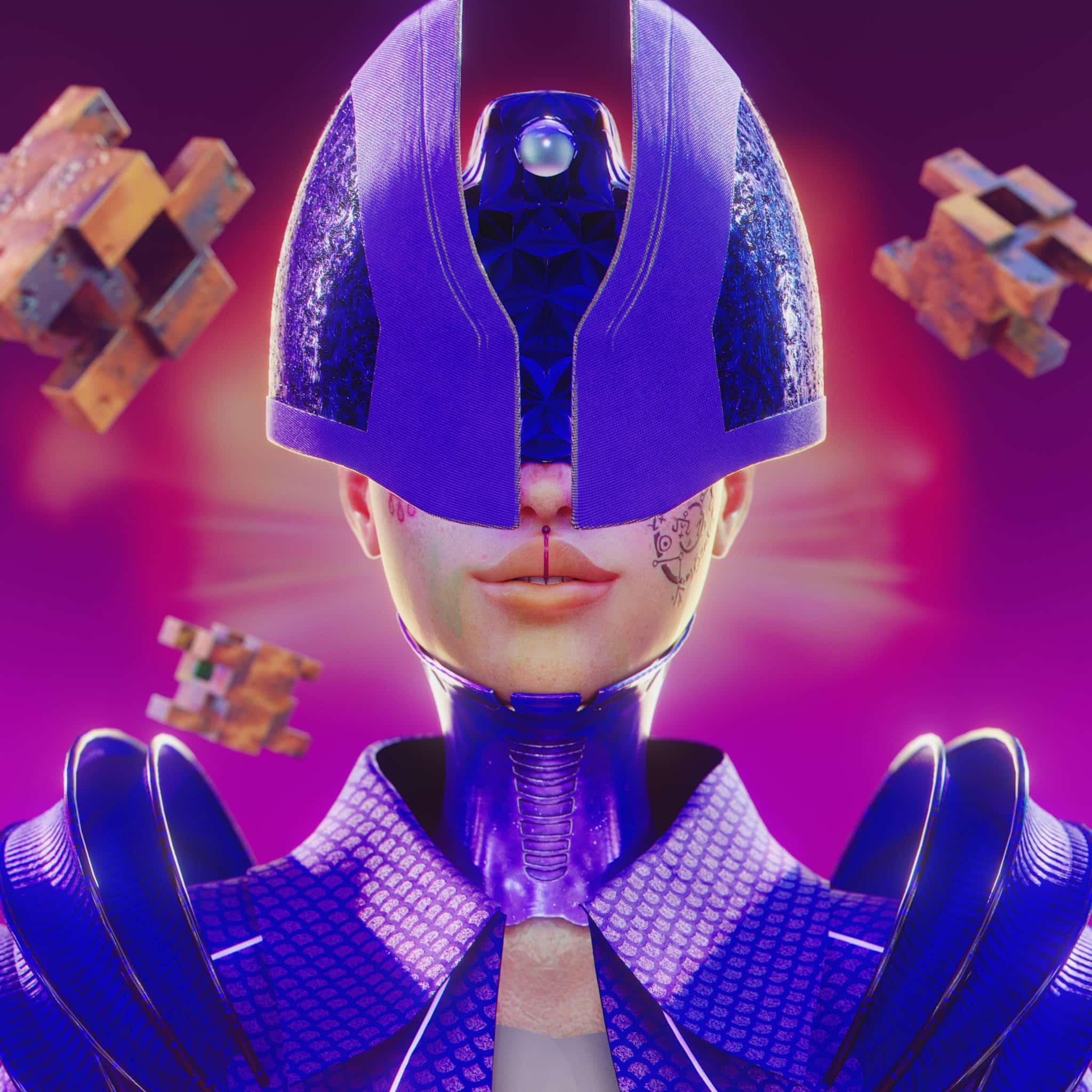 futuristic woman in purple robotic suit NFT upcoming