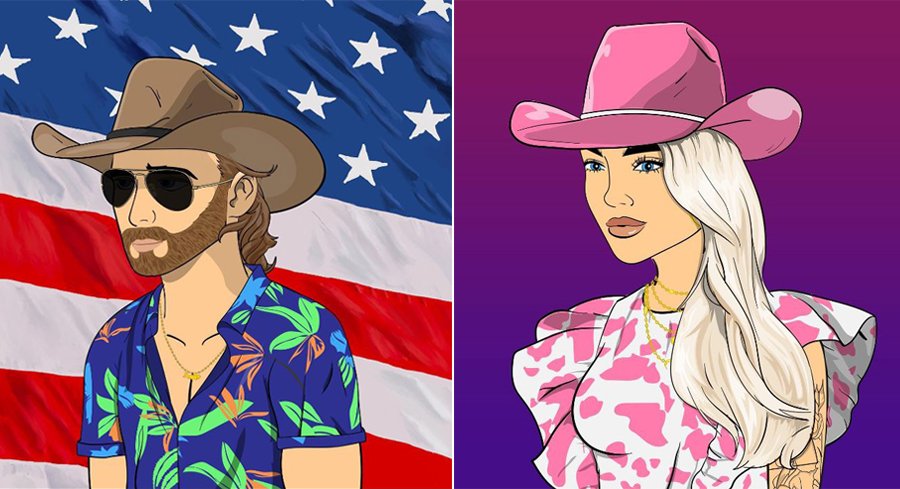 image featuring two Chill Country Club NFT avatars of a man and a woman wearing cowboy hats