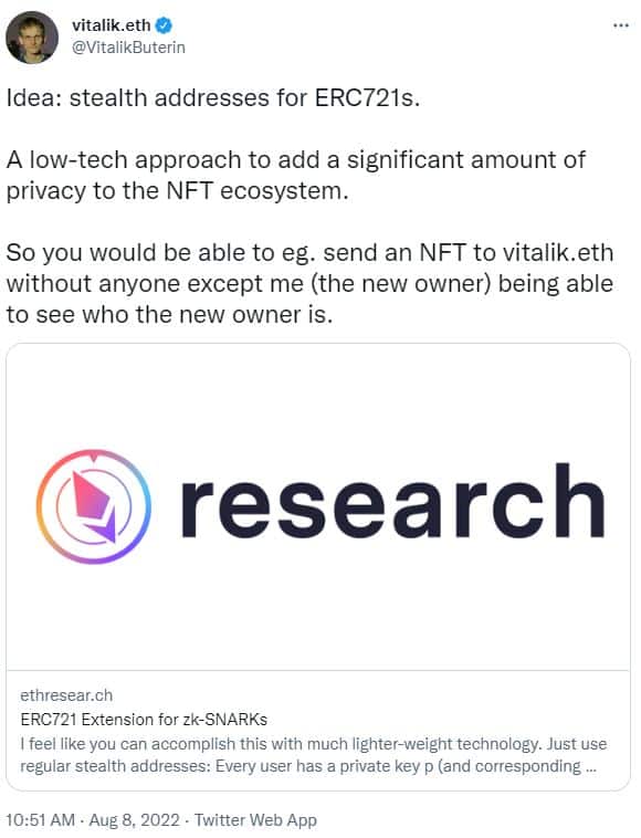 Twitter screenshot of a message by Vitalik Buterin on stealth NFTs