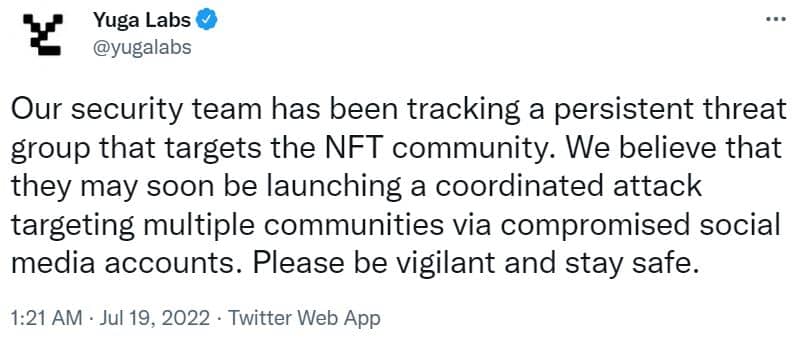 Twitter screenshot from Yuga Labs warning against a social media scam