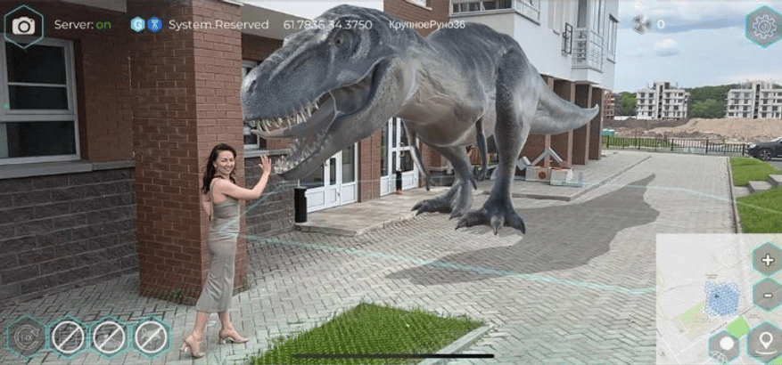 A woman touching a virtual dinosaur