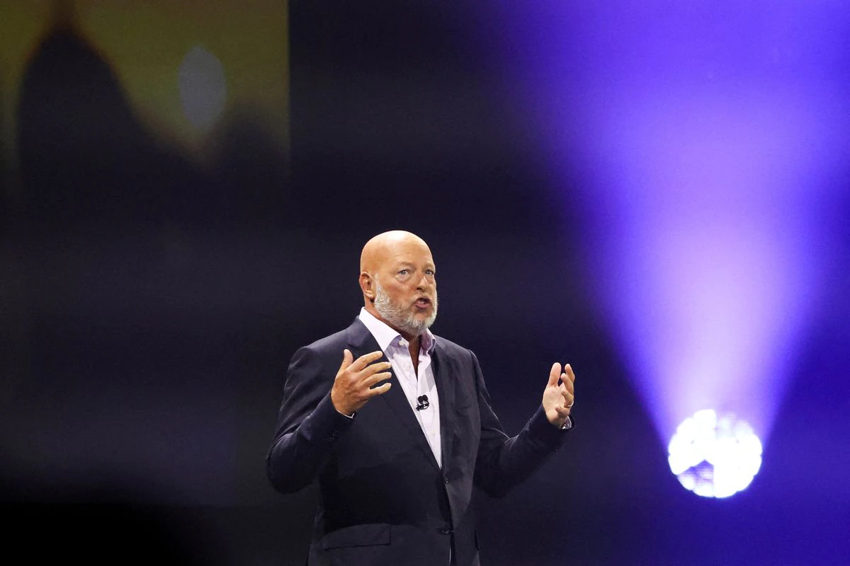 image of Disney CEO Bob Chapek, speaking about metaverse on a stage