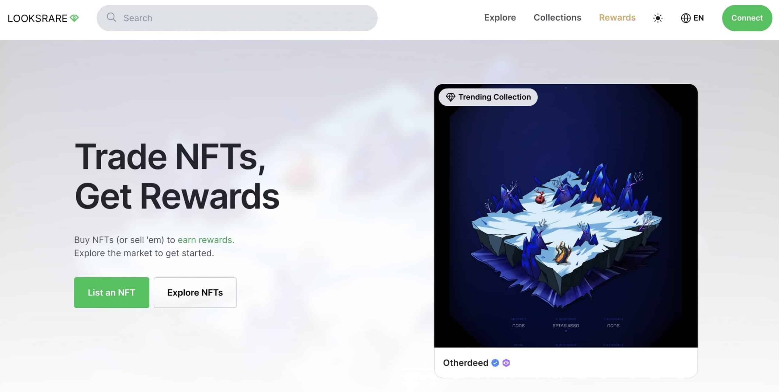 LooksRare NFT marketplace homepage for buying selling non fungible tokens